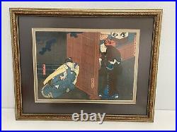 Antique Japanese Signed Diptych Woodblock Print Man & Woman with Child