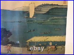 Antique Japanese Signed Hiroshige Woodblock Print with Figures by Water & Boats