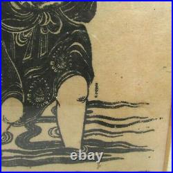 Antique Japanese Signed Woodblock Print Hotei Carrying Naked Geisha Girl Erotic