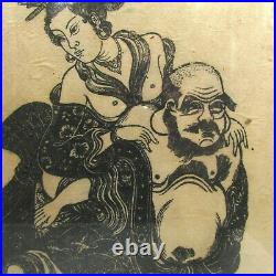 Antique Japanese Signed Woodblock Print Hotei Carrying Naked Geisha Girl Erotic