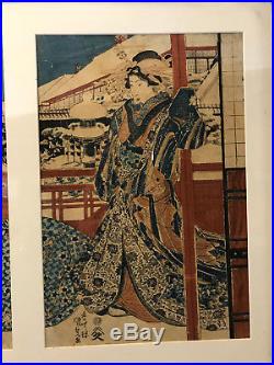 Antique Japanese Signed Woodblock Triptych Print Figures in Snow