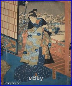 Antique Japanese Triptych Woodblock by Kuniteru The Tale of Genji c. 1850