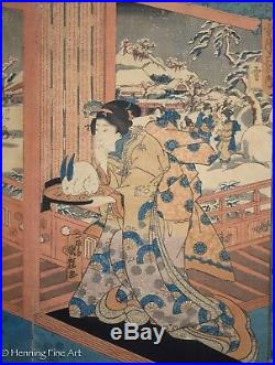 Antique Japanese Triptych Woodblock by Kuniteru The Tale of Genji c. 1850