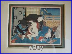Antique Japanese Wood Block Shunga Erotica Art Faux Bamboo Framed