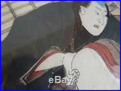 Antique Japanese Wood Block Shunga Erotica Art Faux Bamboo Framed
