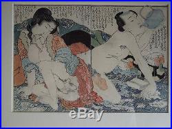Antique Japanese Wood Block Shunga Erotica Art Framed