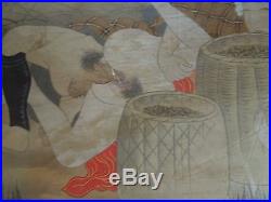Antique Japanese Wood Block Silk Shunga Erotica Art Framed