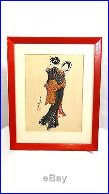 Antique Japanese Woodblock Print A Geisha With Mirror