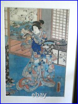 Antique Japanese Woodblock Print Framed Kunisada Utagawa