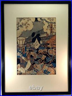 Antique Japanese Woodblock Print Nicely Framed Signed Actor Outdoors