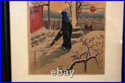Antique Japanese Woodblock Print Signed Framed Woman with Umbrella in Snow Crows