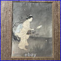 Antique Japanese Woodblock Print Signed Mystery Woman Collecting Insects Scholar