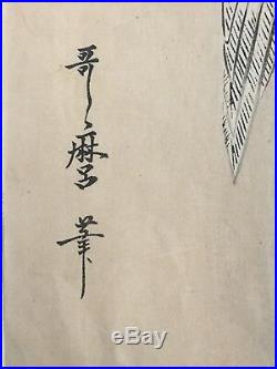 Antique Japanese Woodblock Print Signed Utamaro of Falcon on Branch