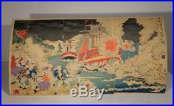 Antique Japanese Woodblock Print Triptych Russo Japanese War Signed Mounted