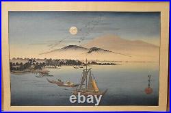 Antique Japanese Woodblock Print by Hiroshige IV Birds Over a Full Moon