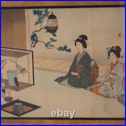 Antique Japanese Woodblock Triptych (3 Panel) Print by Toyohara, Framed, C1920