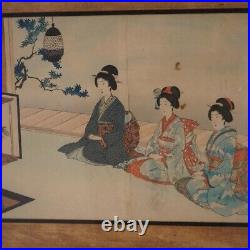 Antique Japanese Woodblock Triptych (3 Panel) Print by Toyohara, Framed, C1920