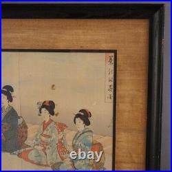 Antique Japanese Woodblock Triptych (3 Panel) Print by Toyohara, Framed, C1920