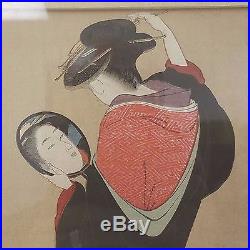Antique Japanese Woodblock Ukiyo-e Print of a Beautiful Woman in Mirror