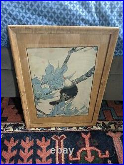 Antique Rare Original Japanese Wood Block Art Print Burl Maple Frame Glass Vtg