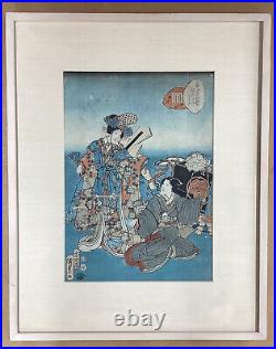 Antique SIGNED 1809 Ichiyusai Kunisada Japanese Woodblock Print Kabuki Theatre