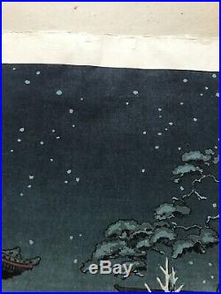 Antique Tsuchiya Yoshida Japanese Woodblock Print Night Snow At Nezu Shrine