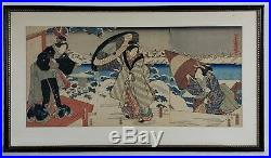 Antique Utagawa Kunisada I Tokouni III Japanese Woodblock Print Triptych Geishas