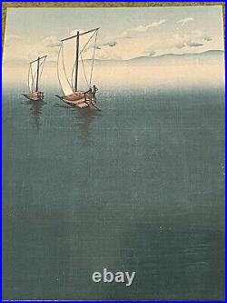 Antique Vintage Japanese Woodblock Print Fishing Traditional boats