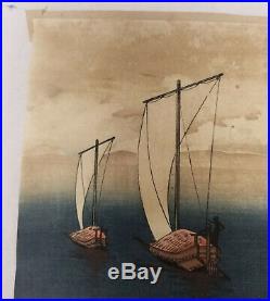 Antique Vintage Japanese Woodblock Print Hiroshige Hokusai Fishing Boats Trimmed