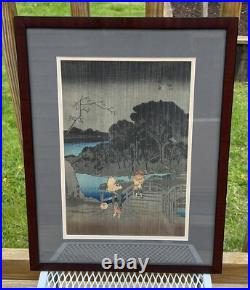 Antique Woodblock Print Utagawa Hiroshige Night Rain At The Pillow Bridges