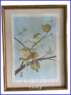 Ashikaga Shizuo Signed Stamped Original Woodblock Print Siskin And Pomegranate