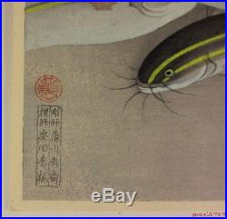BAKUFU OHNO 1940 Japanese Woodblock Print STRIPED CATFISH, Gonzui Great Fish
