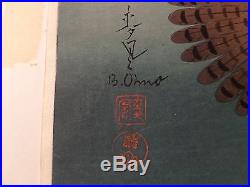 Bakufu Ohno 1888-1976 Hawks Green Grey Woodblock Print 1950's Japanese