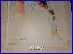 Bakufu Ohno 1939 Hokai Carp Woodblock Print With Rare Booklet Orig Mount RARE
