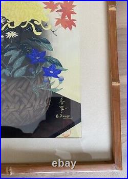 Bakufu Ohno Shinagawa Woodblock Print Flowers In Bamboo Basket Signed