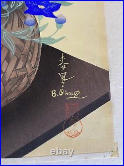 Bakufu Ohno Shinagawa Woodblock Print Flowers In Bamboo Basket Signed