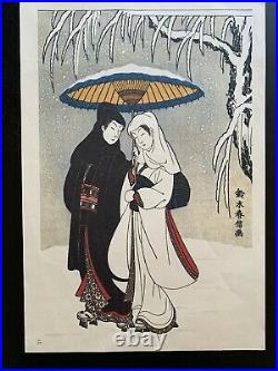 Beautiful Antique Japanese Color Wood Block Print Lovers Under Umbrella In Snow