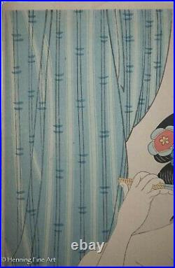Beautiful Japanese Woodblock of Nude Geisha Combing Hair Early 20th cent