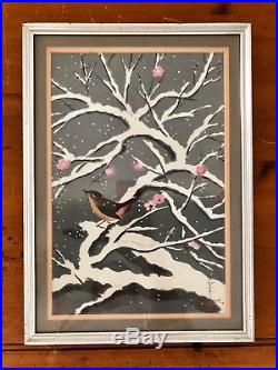 Bird on a Snowy Cherry Tree Japanese Woodblock Print by Bakufu Ohno