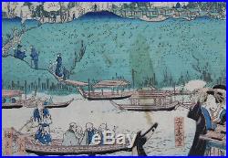 Boats on River Meiji Period Rare Genuine Japanese Ukiyo-e Oban Woodblock Print