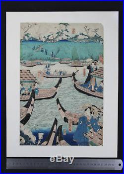 Boats on River Meiji Period Rare Genuine Japanese Ukiyo-e Oban Woodblock Print