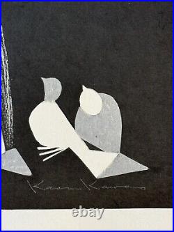 C1950 Modernist Japanese Woodblock Print Doves and Girl by Kaoru Kawano