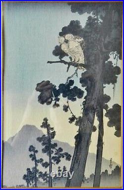 C. 1930 Yoshimoto Gesso Owl in the Evening Shin-Hanga Japanese Woodblock Print