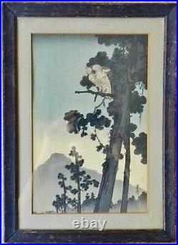 C. 1930 Yoshimoto Gesso Owl in the Evening Shin-Hanga Japanese Woodblock Print