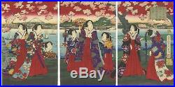 Cherry Blossom at Sumida River, Original Japanese Woodblock Print, Ukiyo-e