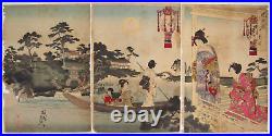 Chikanobu Woodblock Print Triptych Beauties at Yoshu Shuen Garden 1892 Ukiyo-e