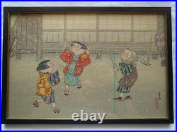 Children Snow Play Woodblock Print By Hitoshi Kiyohara 1896-1956