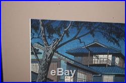 Chinese Japanese Woodblock Print-Village Night Time People Trees Water-Framed