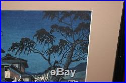 Chinese Japanese Woodblock Print-Village Night Time People Trees Water-Framed