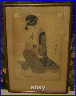 Early 20th C. Japanese Woman Breastfeeding Child Woodblock Print After Utamaro